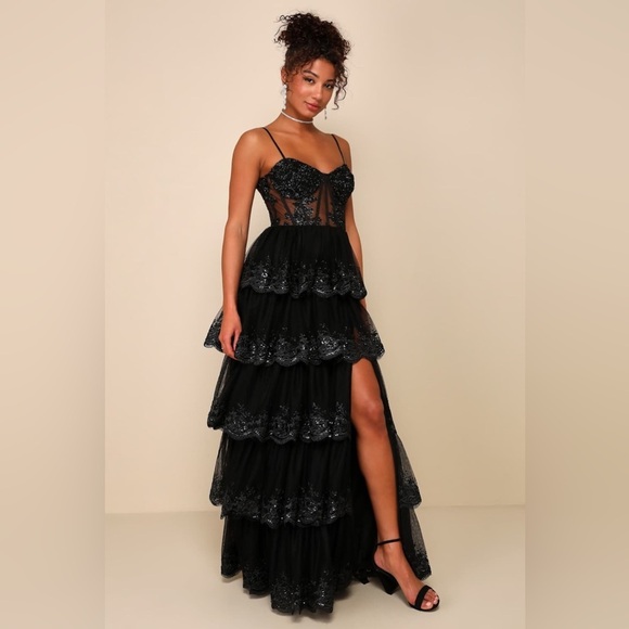 LULU’S Alluring Sensation Black Tulle Embroidered Tiered Maxi Dress - Picture 3 of 5